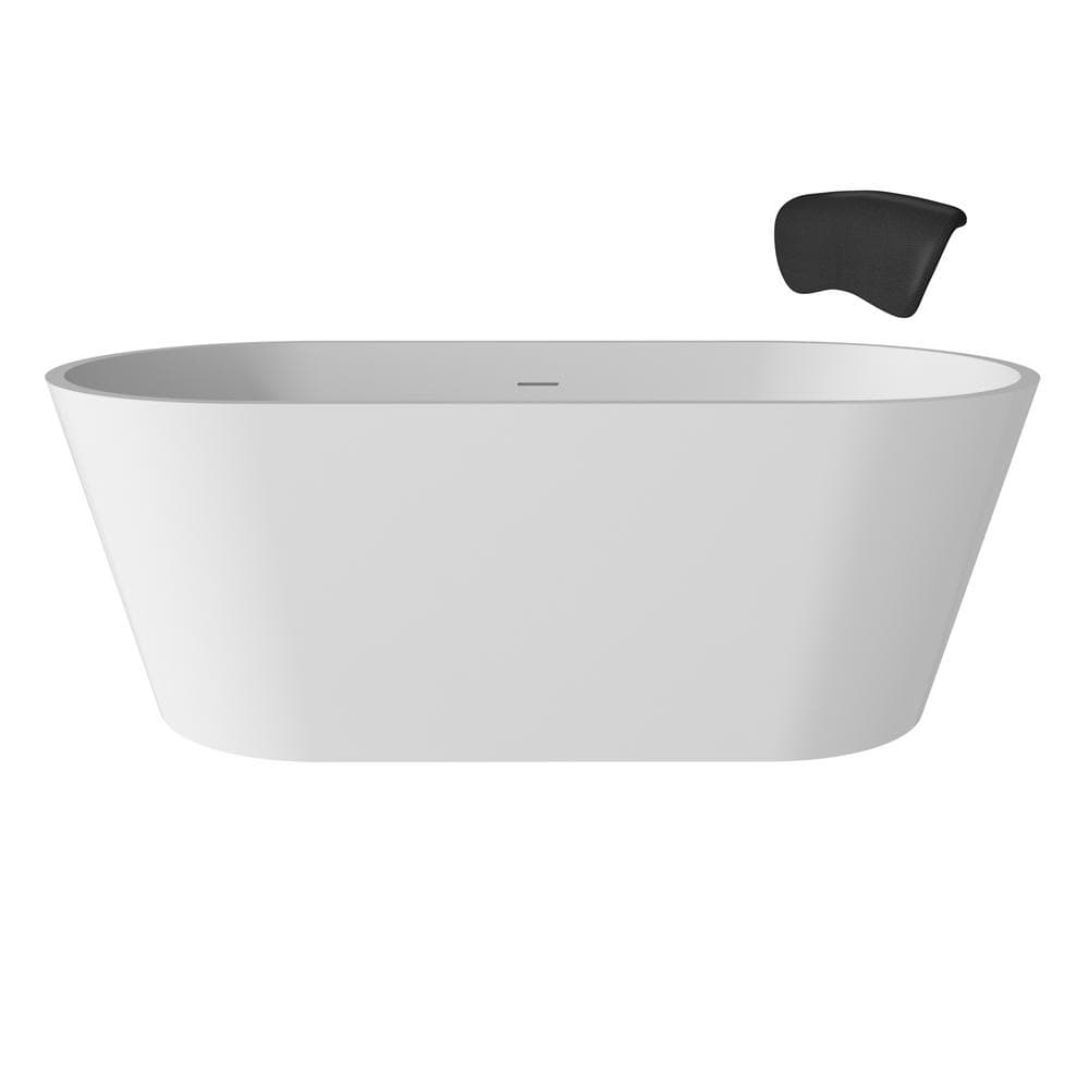 67" White Solid Surface Freestanding Soaking Tub with Black Pillow