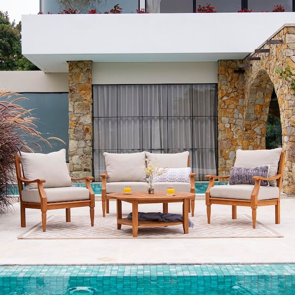 Holdom 4-Piece Teak Outdoor Patio Conversation Set with Beige Cushion