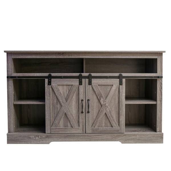 FUFU&GAGA 58 in. TV Stand with Barn Doors and Closed Cabinet Cable Management and Shelves Wood TV Console Entertainment Center