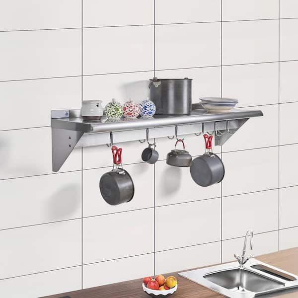 12 in. x 36 in. Stainless Steel Shelf with 6 Hooks, Wall Mounted Pot Rack, NSF Commercial Floating Shelving