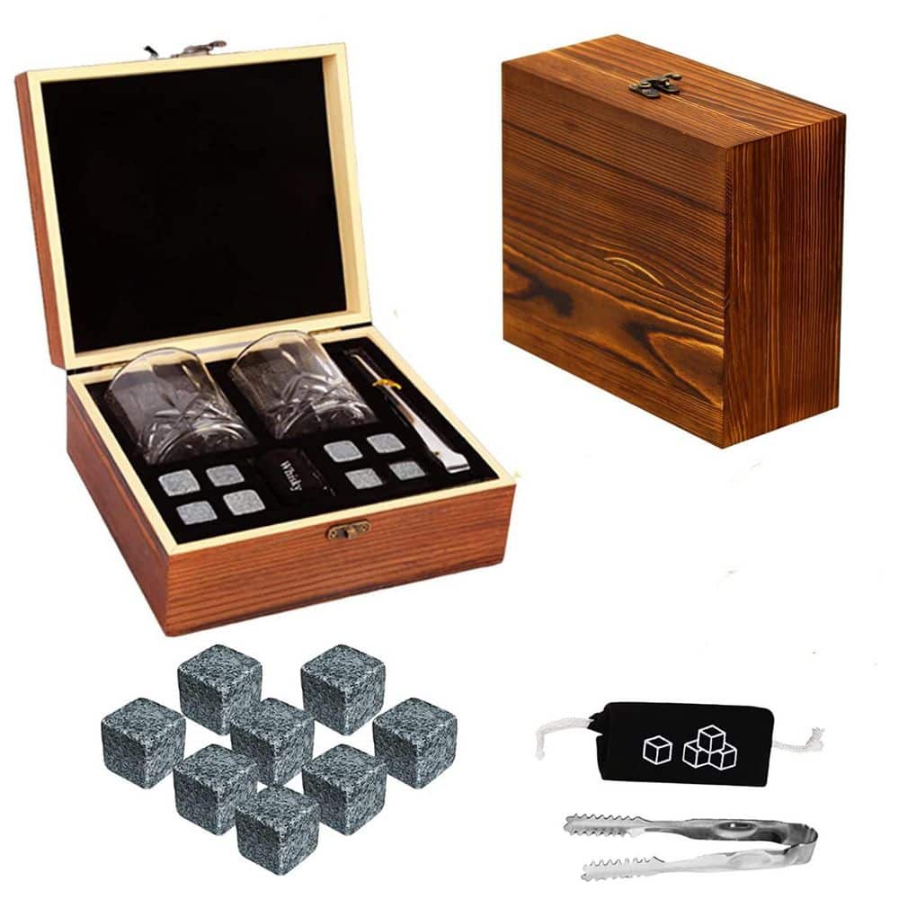 Whiskey Glass Set Gifts for Men, 8 Granite Chilling Whisky Rocks, 2 Crystal Whisky Glasses, Brown