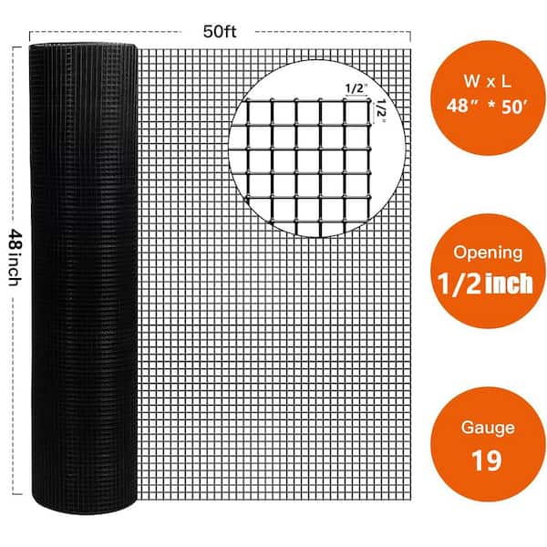 ATENGNES 48 in. x 50 ft. 19-Gauge 1/2 in. Black Vinyl Coated Hardware Cloth Welded Wire Fence Improvement and Chicken Coop