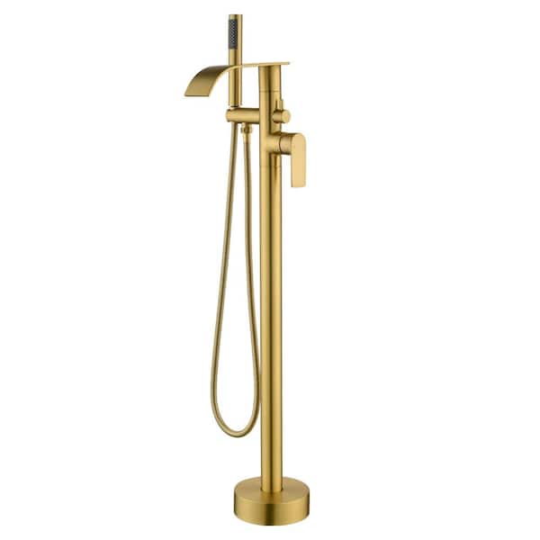 Single-Handle Waterfall Floor-Mount Roman Tub Faucet with Hand Shower in Brushed Gold