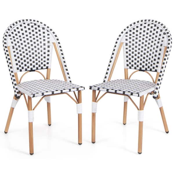 Set of 2 French Bistro Chair Outdoor Dining Chair with Natural Brown Galvanized Metal Frame in Black and White