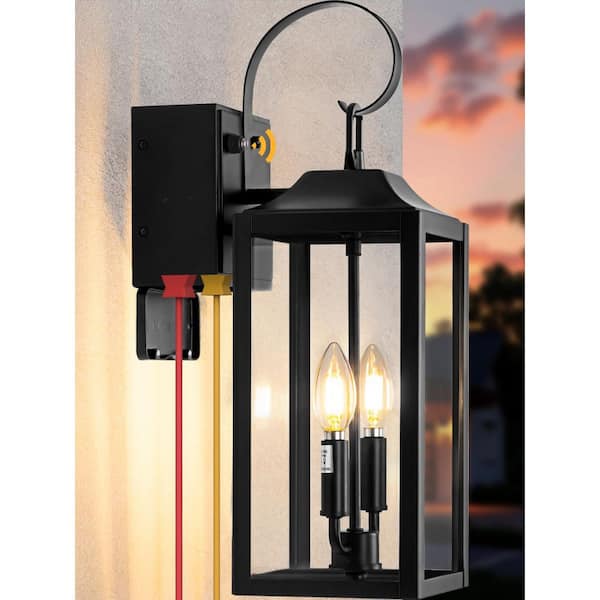 Porch Light with GFCI Outlet, 19" Black Dusk to Dawn Outdoor Wall Lantern 2-Light with GFCI Outlet Built-in, Waterproof