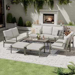 7-Piece Aluminum Patio Conversation Set, 3-Seat Outdoor Couch and Loveseat with Ottomans and Coffee Table