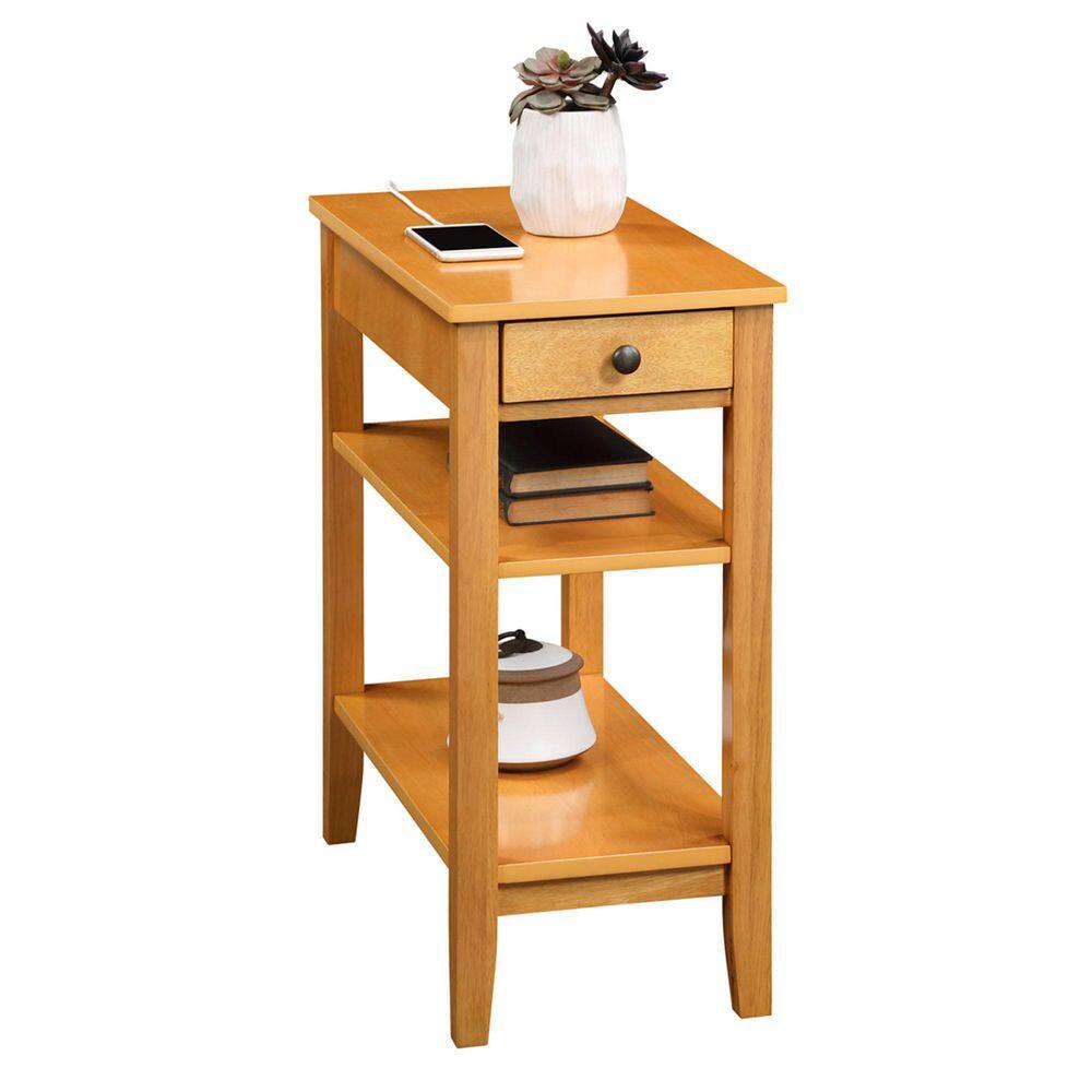 Natural Rubberwood End Table with Charging Station and Shelves