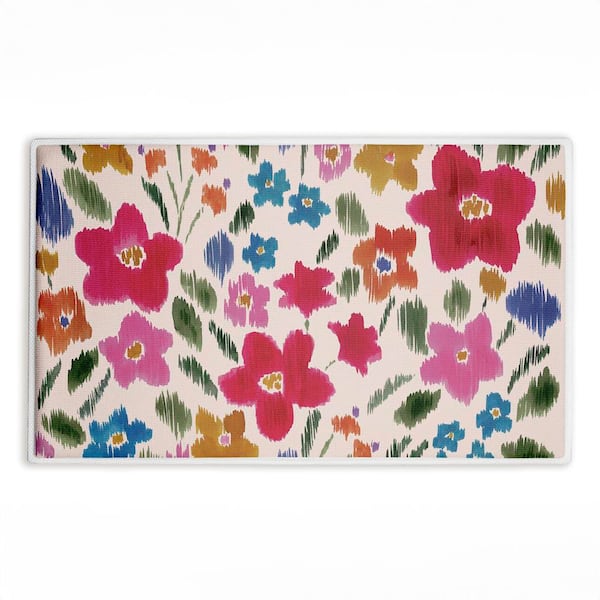 Boho Ikat Flowers 18 in. x 30 in. Pink Floral Polyester Blend Rectangle Bath Mat