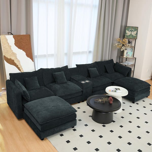 Olivia 144.49 in. Chenille Upholstered U Shape Sectional Sofa in. Black with Movable Ottomans, Storage Box, Cup Holders