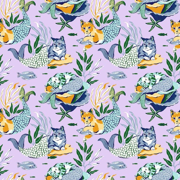 Meowing Mermaids Lavender Peel and Stick Wallpaper
