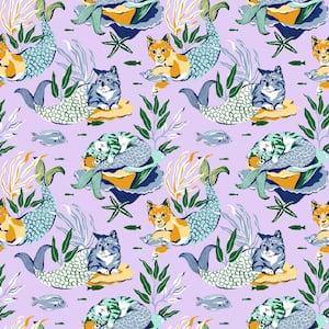 Meowing Mermaids Purple Peel and Stick Wallpaper Sample