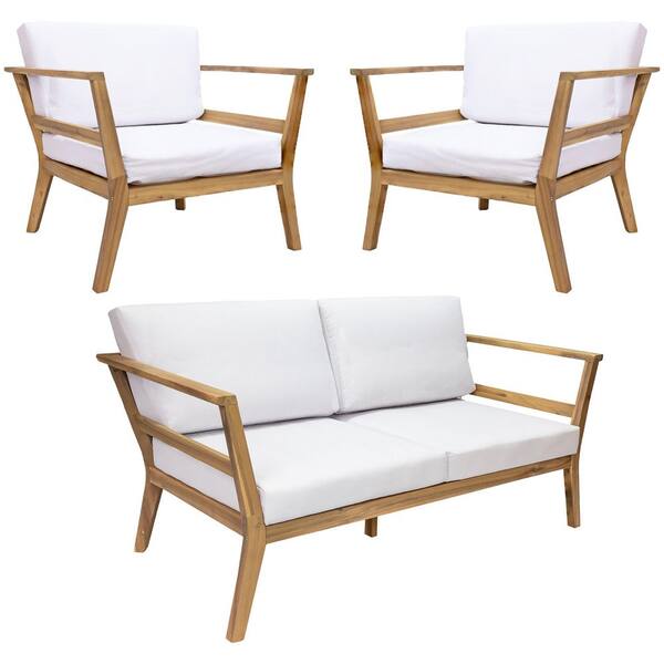 Bodie Acacia Wood 3-Piece Patio Conversation Set-Natural/Bone