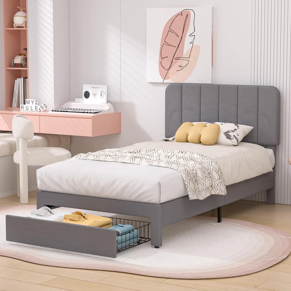 Platform Storage Bed Gray Metal Frame Twin Platform Bed with Velvet Upholstered Headboard & 1 Drawer