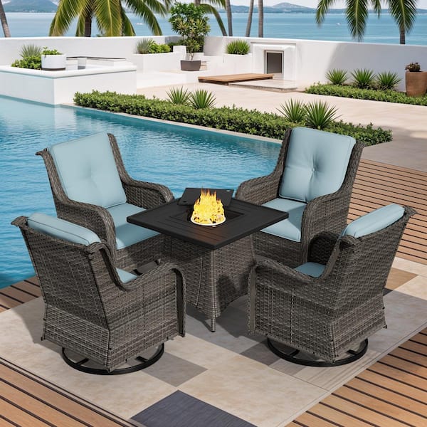 Gardenbee 5-Piece Wicker Patio Conversation Set Swivel Rocking Chairs with Baby blue Cushions and Rectangular Fire Pit Table