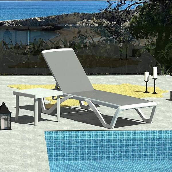 Cesicia Adjustable White Frame 1-Piece Metal Outdoor Chaise Lounge with Arm and Table in Grey
