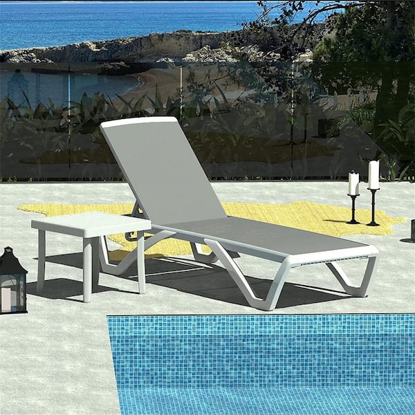 Cesicia Adjustable White Frame 1-Piece Metal Outdoor Chaise Lounge with Arm and Table in Grey