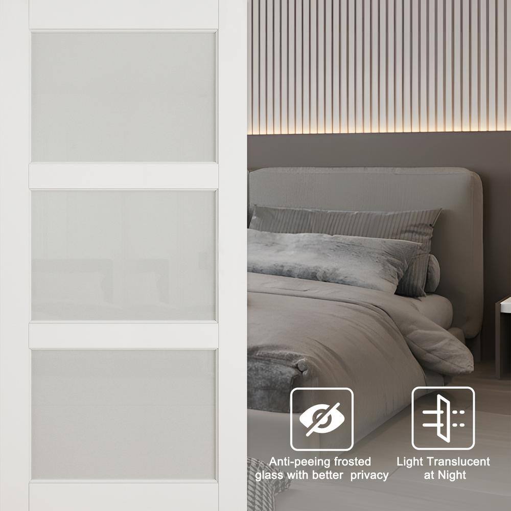 36" x 80" White Primed MDF Barn Door with Frosted Glass and Nickel Hardware