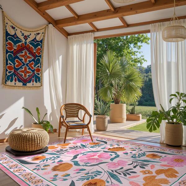 Cottagecore Floral Washable Non-Slip Pink 8 ft. x 10 ft. Area Rug