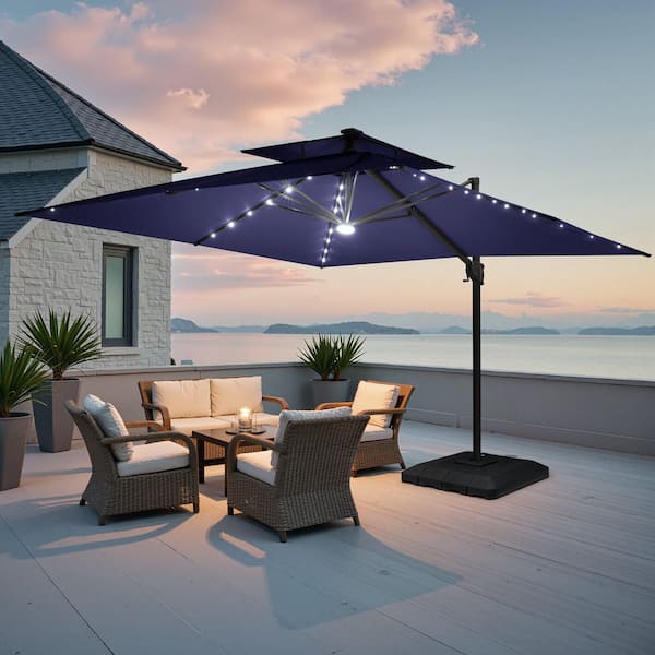 Crestlive Products 11 ft. x 11 ft. Cantilever Patio Umbrella w/Solar Lights  and 350 lbs. Base Tiltable Outdoor Offset Umbrella in Navy Blue  CL-UWB8733NAV - The Home Depot