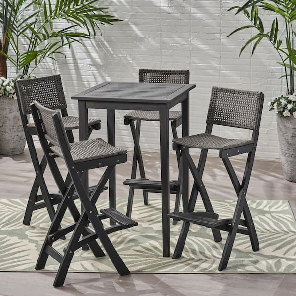 Noble House Polaris Dark Gray 5-Piece Wood and Faux Rattan Square 41.75 in. Patio Outdoor Serving Bar Set