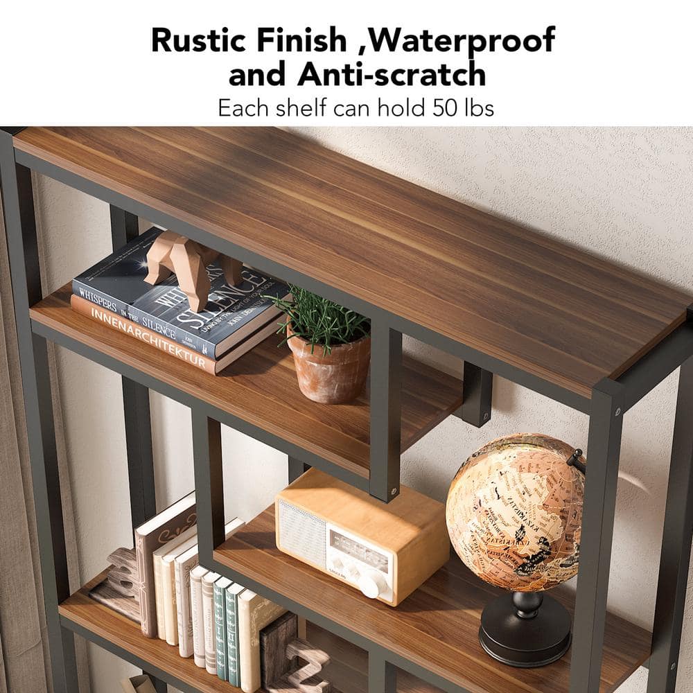 69" Walnut and Black Industrial 6-Tier Bookshelf with Staggered Shelves
