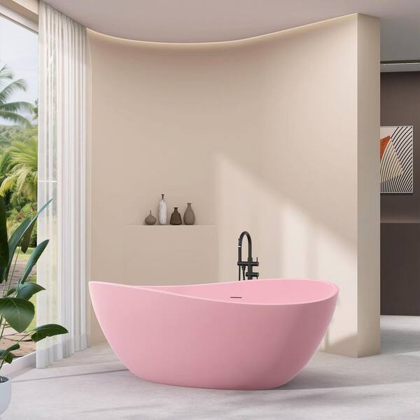63 in. x 37.5 in. Free Standing Deep Soaking Double Slipper Bath Tub Oval Acrylic Freestanding Bathtubs in Matte Pink