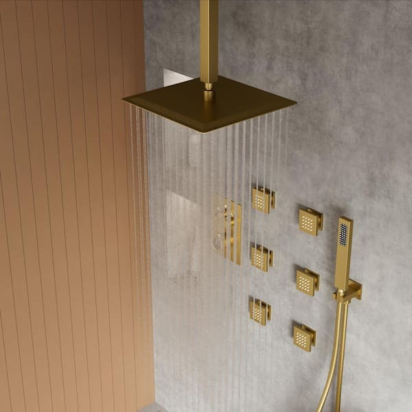 YAWWALK Thermostatic Shower System 7-Spray Ceiling Mount Square