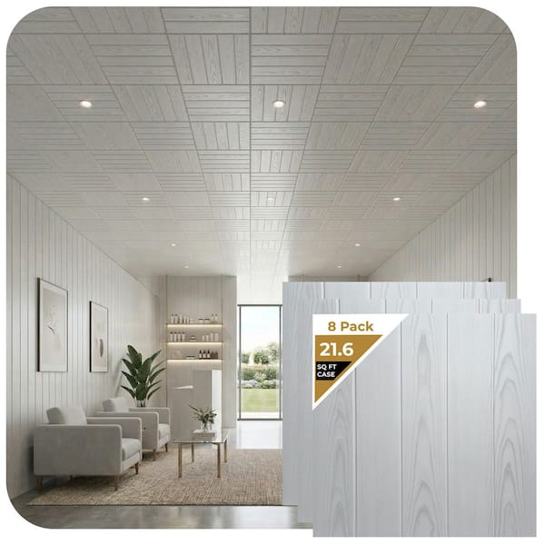 Bead Board Washed Oak 1.6 ft. x 1.6 ft. Decorative Foam Glue Up Ceiling Tile (21.6 sq. ft. /Case)