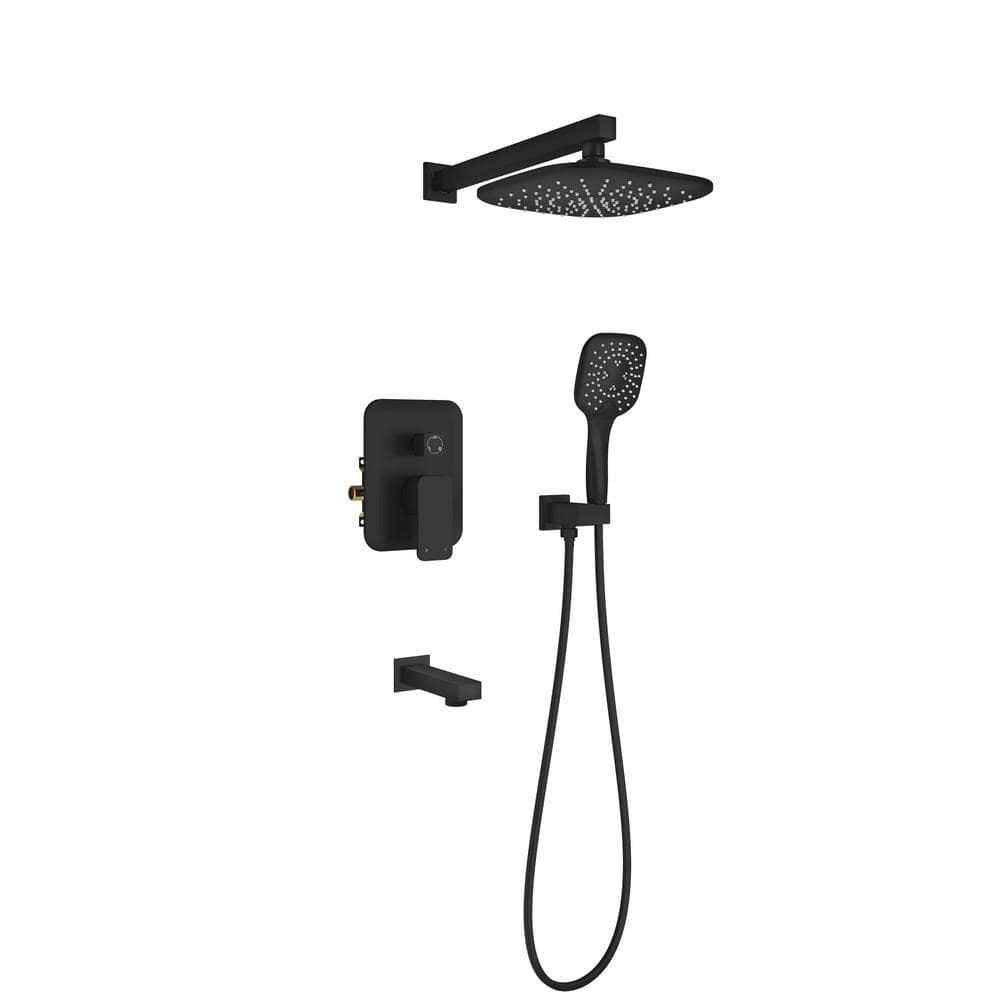 Mondawe 3-Spray Patterns 9 in. Wall Mount 1.8 GPM Dual Rain Shower Head with Handheld and Spout in Matte Black