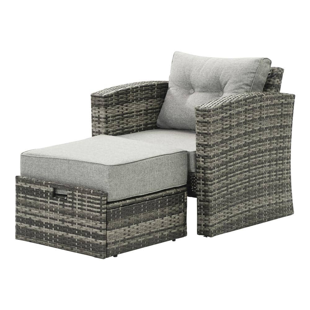 2-Piece All-Weather Wicker Outdoor Recliner and Ottoman with Gray Cushions