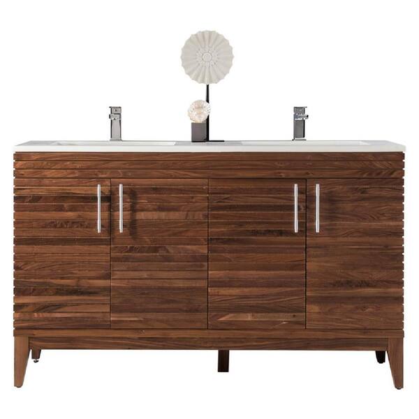 James Martin Vanities Lineage 59 in. Double Vanity in Mid Century Walnut with Solid Surface Vanity Top in Glossy White with White Basin
