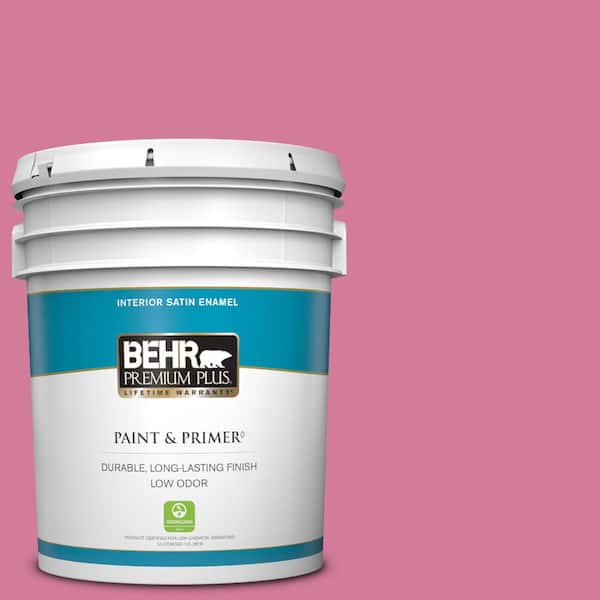 BEHR PREMIUM PLUS 5 gal. #P130-5 Little Bow Pink Satin Enamel Low Odor Interior Paint & Primer