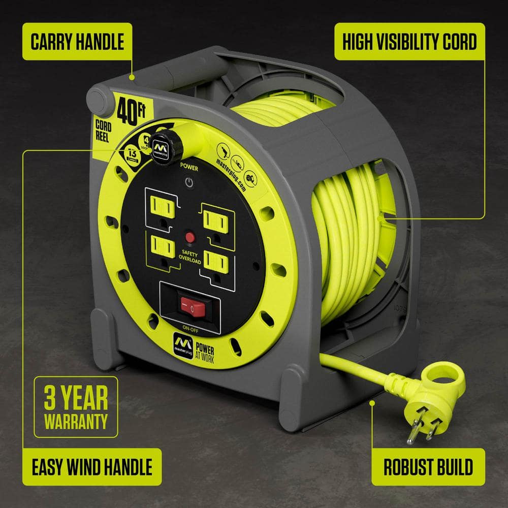 40ft Gray and Yellow PVC Extension Cord Reel with 4 Outlets