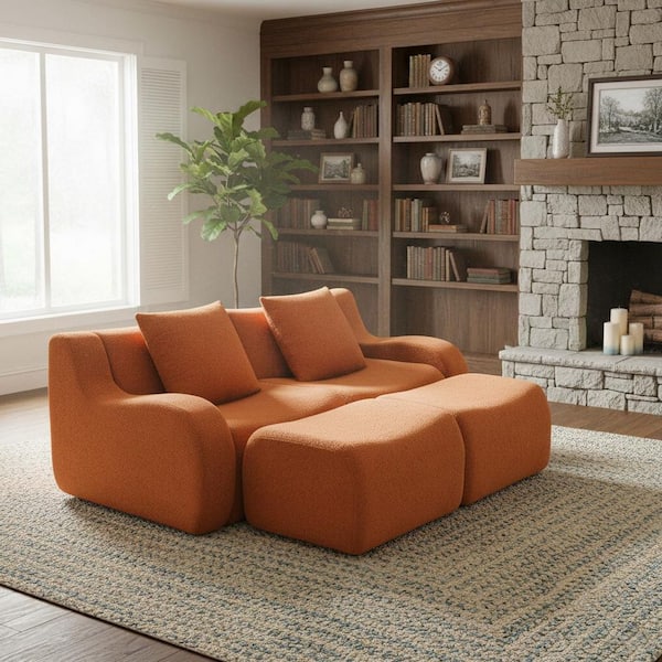 AURA 82.7 in. Slope Arm 3-Piece Teddy Fabric with Ergonomic Design and Anti-Slip Base Sectional Sofa in Pumpkin Orange