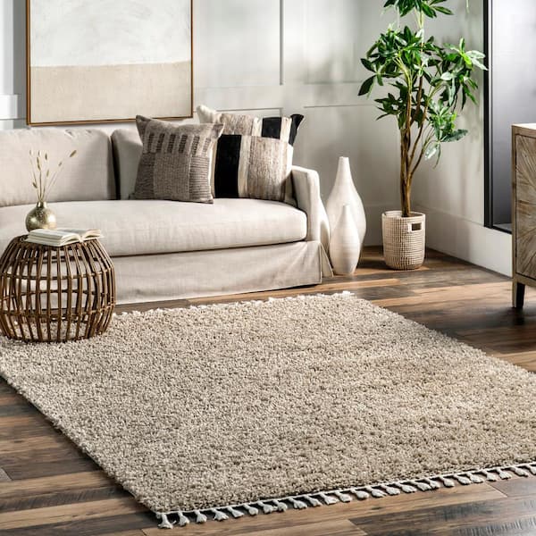 Neva Modern Tasseled Shag Area Rug Beige 5' 3" ft. x 7' 7" ft. Area Rug