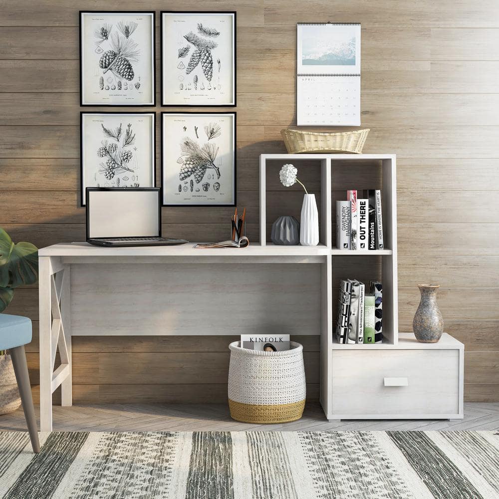 Reed 70.5 in. W Rectangle White Oak MDF 1-Drawer Computer Desk with Bookshelves