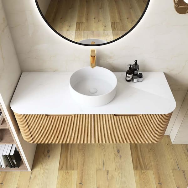 Yingze 48 in. Wall Mounted Single Sink Natural Wood Bath Vanity