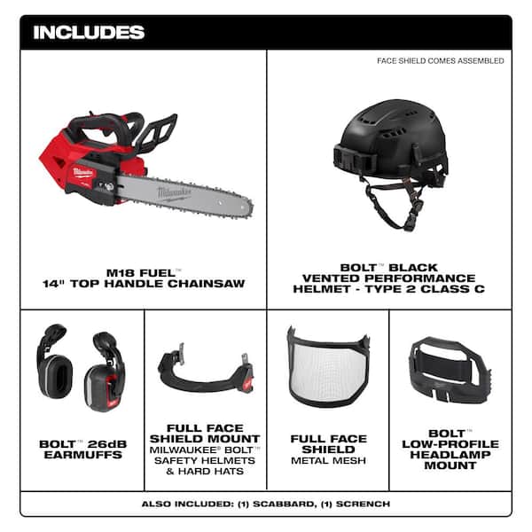 M18 FUEL 14 in. 18V Cordless Battery Top Handle Chainsaw w/BOLT Black Type 2 Class C Helmet, Earmuffs, Mesh Face Shield