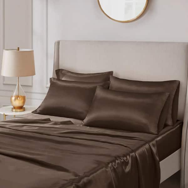 Madison Park Satin 6-Piece Chocolate Solid Polyester Queen Luxury Sheet Set