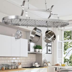 Handcrafted Stainless Steel Scroll Arm Oval Ceiling Hanging Pot Rack with 24-Hooks
