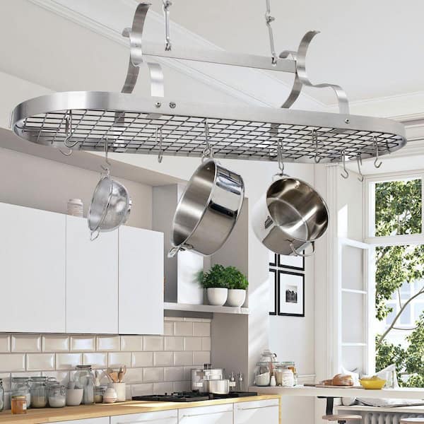 Handcrafted Stainless Steel Scroll Arm Oval Ceiling Hanging Pot Rack with 24-Hooks