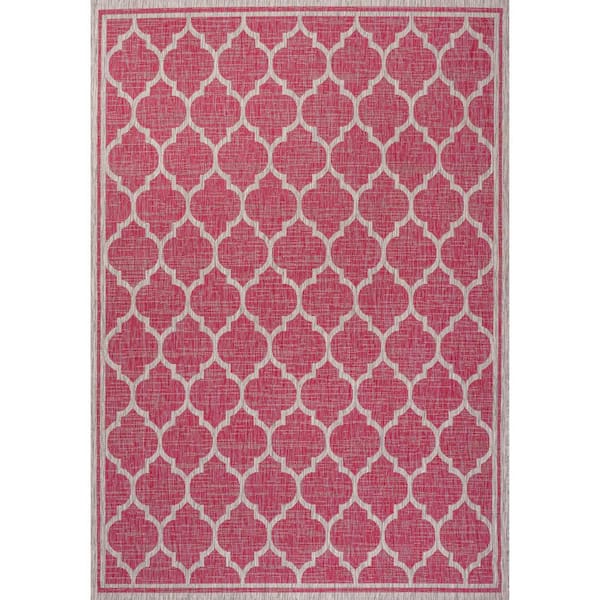 Fuchsia/Light Gray 9 ft. x 12 ft. Trebol Moroccan Trellis Textured Weave Indoor/Outdoor Area Rug