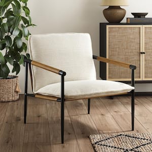 Omel Cream Boucle Arm Chair w/ Matte Black Metal Frame, Foam Cushion and Italian Berkshire Faux Leather Accent
