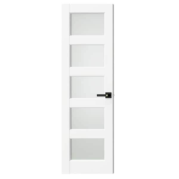 24 in. x 80 in. MDF Composite, Primed, White, 5-Lite, Frosted Glass Interior Door Slab With Black Lever Handle