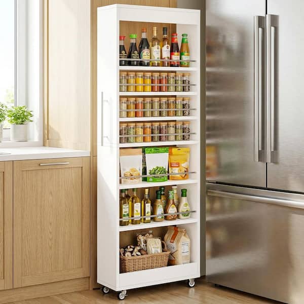 White Wood 7-Tier Slim Kitchen Cart on Wheels,73 in. Tall Narrow Pantry Cabinet Spice Rack w/ Metal Hand & Guard Rails