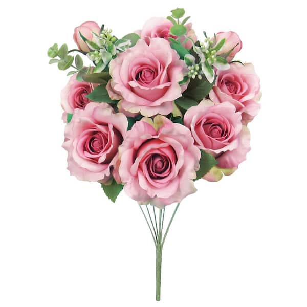 LIVING LUXURY 20 in. Deluxe Rose Pink Artificial Sweet Rose Flower Stem Bush Bouquet (Set of 2)