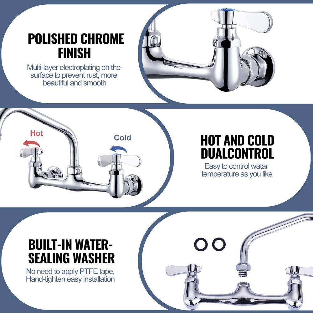 8" Dual Handle Polished Chrome Wall Mount Kitchen Faucet