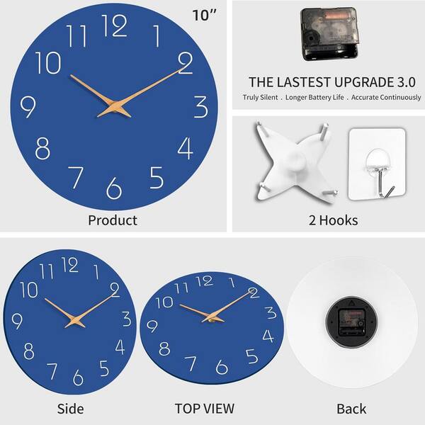 Afoxsos 10 in. Blue Analog Silent Non Ticking Wood Wall Clock
