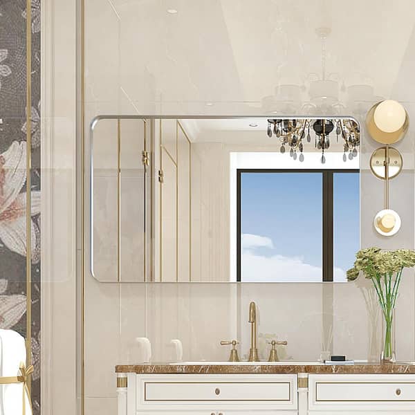 GOGEXX 30 in. x 20 in. Silver Rounded Corner Rectangle Vanity Mirror Bathroom Mirror Hangs Wall Mounted Dressing Mirror