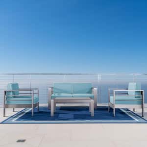 Cape Coral Silver 4-Piece Aluminum Patio Conversation Seating Set with Light Teal and White Corded Cushions